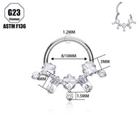 Cincin Septum Titanium G23 ASTM F136 Berhiaskan CZ Putih Persegi, Grade Implantasi, untuk Tindik Hidung, Pasokan Grosir