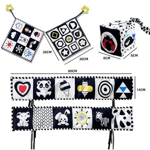 Black and White High Contrast Newborn Baby Toy Tummy Time Sensory Soft Cloth Book Bed Surround Fence Saliva Towel Hanging Rattle
