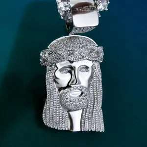 KRKC Pemasok Grosir Khusus Pria Besar Baru Hip Hop Es Keluar CZ Perhiasan Vermeil Perak Emas Yesus Potongan Wajah Kepala Liontin Yesus
