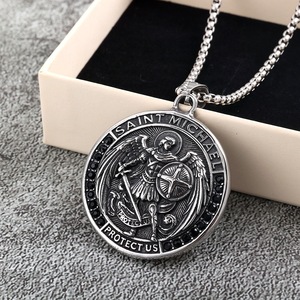 yunnique <b>St</b>. <b>Michael</b> Archangel Pendant <b>Necklace</b> Stainless Steel Men's Religious Charm With Black Stone Inlay Gift Jewelry - Product Image 2