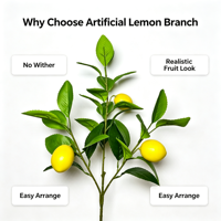 Élégante branche de citron jaune avec 3 fruits et feuilles vertes, plantes artificielles style ferme pour la décoration de la maison, de la cuisine, des mariages et des tables.