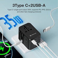 Cargador Rápido GaN Wontravel de 6 Puertos y 35W PD con 2 Puertos USB + 3 Puertos Tipo-C, Carcasa de Cobre y PC, Adaptador de Viaje Internacional de 10A