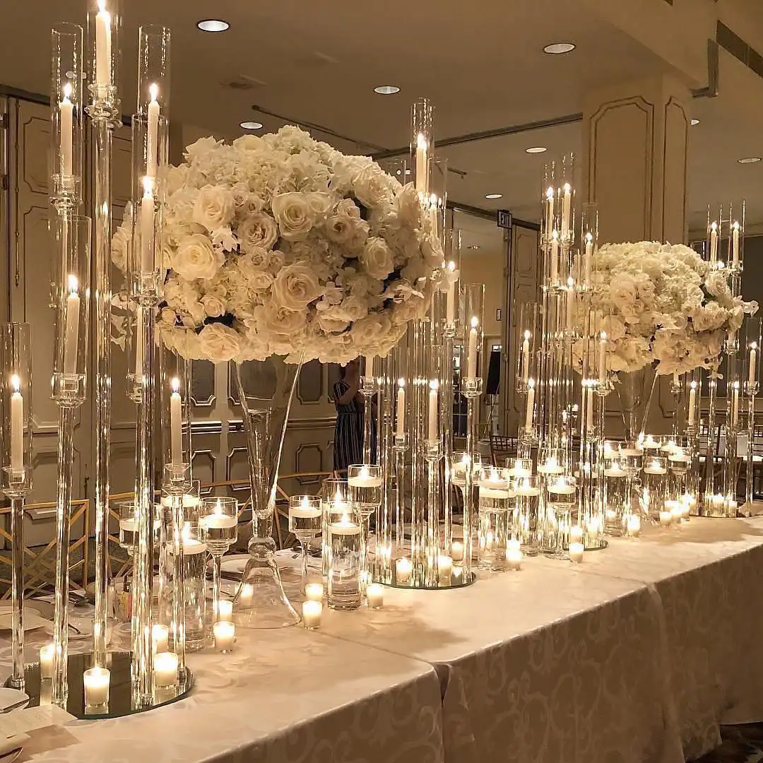 MH-TZ0575エレガントな10アームの背の高いガラスクリスタル燭台キャンドルホルダー結婚式のテーブルの装飾のためのセンターピース