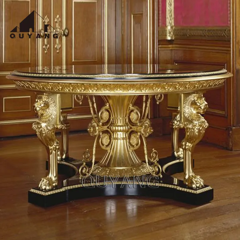 QUYANG European Style Luxury Furniture Metal Lion Leg Glass Countertop Table Gold Plated Antique Bronze Brass Coffee Table