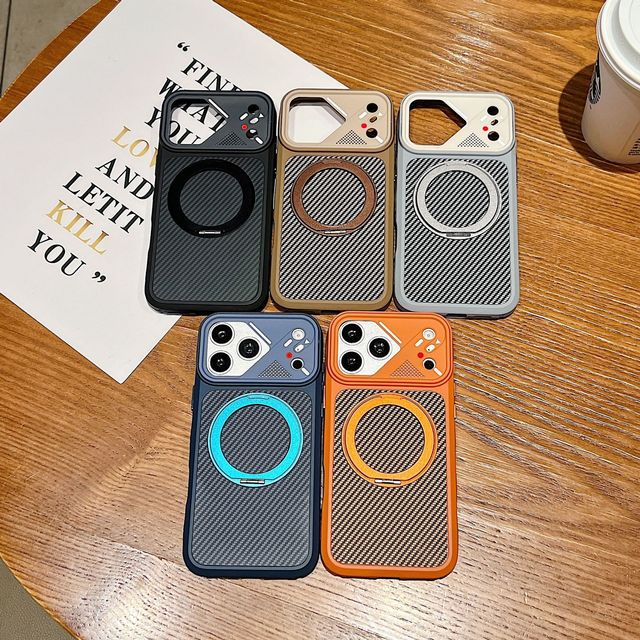 High Quality Carbon Fiber Shockproof Magnetic Wireless Charging Bracket Phone Case for iPhone 17 Pro Max 16 Pro 15 Plus 14 13 12