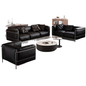 Ensemble de canapés en cuir véritable avec structure en acier inoxydable, design Bauhaus style <span class=keywords><strong>Le</strong></span> <span class=keywords><strong>Corbusier</strong></span>, pour salon ou bureau - Product Image 4