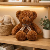 Ours en peluche classique ultra doux brun avec fourrure bouclée rose et nœud écossais pour cadeau de la Saint-Valentin