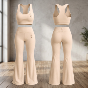 Beige High Waist <b>Flare</b> Yoga <b>Leggings</b> Solid Quick Dry Seamless Stretch Workout Pants Custom Logo Activewear Set - Product Image 3
