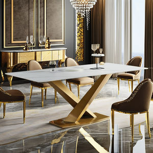 Conjunto de Mesa de Jantar e Cadeiras de Luxo Moderno para 6 Lugares Retangular em Aço Inoxidável com Pernas Douradas Móveis para Casa em Preto - Product Image 2