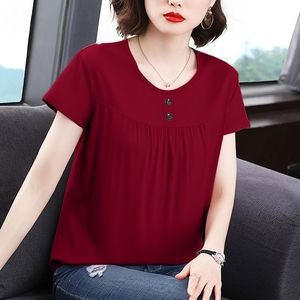 Women's Casual Short Sleeve T-Shirt Maroon Knitted Breathable Round Neck Button-Up Summer Top - Product Image 1