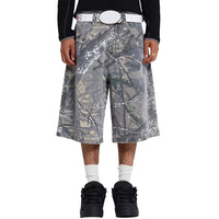 Shorts en jean baggy pour homme personnalisés, coupe large, imprimé camouflage feuilles sur toute la surface, tissu robuste délavé, style streetwear, vente en gros
