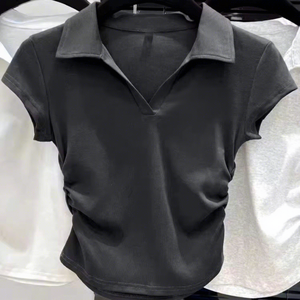 <b>Women's</b> Short Sleeve Knitted Breathable Garment Dyed 100% Cotton <b>Polo</b> Shirt Solid Color Ruched Design O-Neck Casual <b>Top</b> Size - Product Image 2