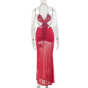 Abito da donna sexy 2026 con schiena scoperta, lunghezza sui fianchi, con cravatta regolabile e design <span class=keywords><strong>incrociato</strong></span>, tinta unita. Disponibile. - Product Image 4
