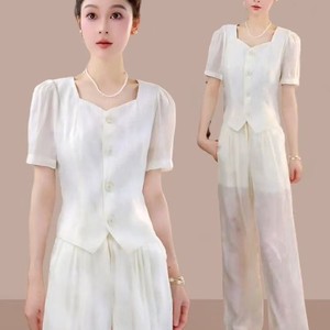 Women's Casual Two Piece Set Light Blue Chiffon Breathable Splicing Summer Suit - Product Image 4