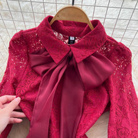 Robe élégante pour femmes en dentelle à manches longues, coupe trapèze, col à nœud, robe de soirée décontractée mi-longue pour tous les jours, robes pour femmes, robe élégante pour femme