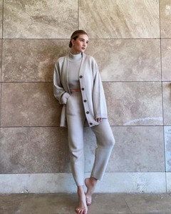 Custom <strong>Jumper</strong> 3 Piece Knitted Cashmere Set Sweater <strong>Sexy</strong> High Neck Vest Long Pant Cardigan Knitwear Plus Size <strong>Women</strong> Sweater Set - Product Image 3