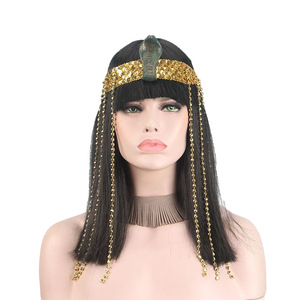 Set de Peluca de <span class=keywords><strong>Cleopatra</strong></span> con <span class=keywords><strong>Diadema</strong></span> de Serpiente, Negra, Larga y Lisa, Fibra Sintética (K-Silk/P-Silk), Hecha a Máquina - Product Image 1