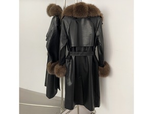 OFTBUY Giacca in Pelle PU Impermeabile Reversibile Primavera/Autunno con Collo e Polsini in Finta Pelliccia di Volpe, Cintura Lunga, Stile Moto - Product Image 4