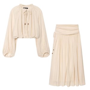 Ensemble chemisier et jupe crème à manches longues pour femme, style oversize à volants, tenue décontractée pour un trajet élégant - Product Image 1