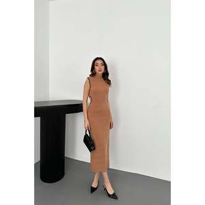 Vestidos Casuales Maxi al por Mayor, Ribete Marrón, Silueta Ajustada, Línea A, Invierno Verano, Tela de Lana y Viscosa, Cintura Natural, Simple - Product Image 6