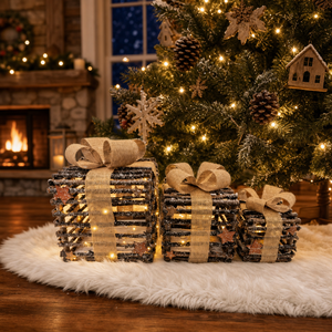 Lot <span class=keywords><strong>de</strong></span> 3 boîtes cadeaux rustiques carrées en bois éclairées avec nœuds en toile <span class=keywords><strong>de</strong></span> jute et LED chaudes, pour décorations <span class=keywords><strong>de</strong></span> Noël sur le sapin, le cheminée ou la table - Product Image 1