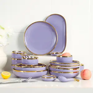 Utensilios de cocina con borde dorado de lujo púrpura nórdico, platos de cena de cerámica para restaurante, juego de vajilla a granel