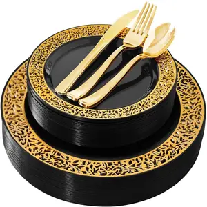 19 assiettes en plastique de luxe de 26 cm Ensemble d'assiettes jetables de couleur or <span class=keywords><strong>noir</strong></span> de fête - Product Image 1