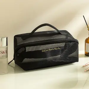 Bolsa de cosméticos para viagem com logotipo personalizado, bolsa de maquiagem com zíper para mulheres, organizador de malha, bolsa de armazenamento para produtos de higiene pessoal, kit de lavagem de beleza
