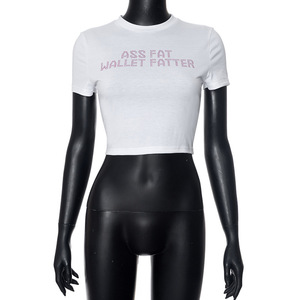 RNSHANGER-<span class=keywords><strong>Goth</strong></span> Rhinestone lettres pour femmes T-Shirts mode décontractée col rond manches courtes hauts courts Y2K été Sexy fille bébé Tee Top - Product Image 5