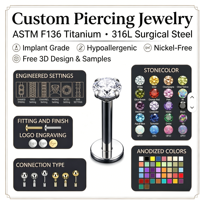 Vente en gros de bijoux de corps en titane ASTM F136 G23, anneaux de nombril à filetage externe avec zircon cubique rond, 10-12-14mm de long