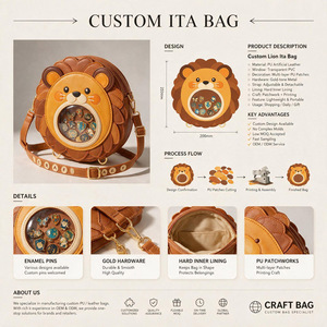 Bolso de hombro de cuero PU con diseño de león de dibujos animados personalizado, con solapa transparente para exhibir pines, bolso de mensajero para mujer - Product Image 2
