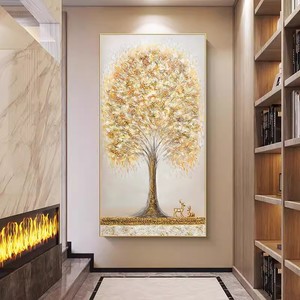 Peinture à l'huile peinte à la main, Arbre à argent, Cerf, Art abstrait moderne, Effet 3D, Art mural décoratif pour entrée et couloir, Avec cadre - Product Image 2
