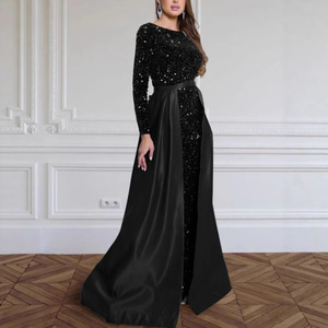 Evening Gown Long Sleeve O-Neck <b>Sequined</b> Asymmetric Maxi Dress For Banquet Party Host Queen Aura - Product Image 1