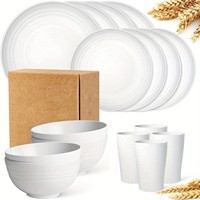 Service de Table Incassable en Paille de Blé 16 Pièces, Compatible Lave-Vaisselle et Micro-Ondes, Assiettes et Bols pour 4 Personnes, Idéal pour Camping et VR