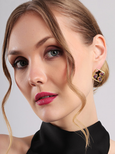 Crimson Crag Stud Earrings Raw Garnet Look Geometric Square <b>Gold</b> <b>Frame</b> Natural Stone Fashion Jewelry for Women - Product Image 4