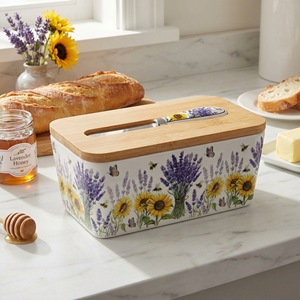 Mantequillera de Cerámica Estilo Campestre Francés con Tapa de Bambú y Cuchillo, Contenedor Rectangular de Porcelana para Lavanda - Product Image 4