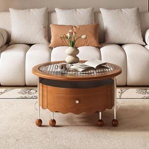 French Retro Solid Wood Double Layer Coffee <b>Table</b> Round Extendable With <b>Storage</b> For <b>Small</b> Living Room - Product Image 3