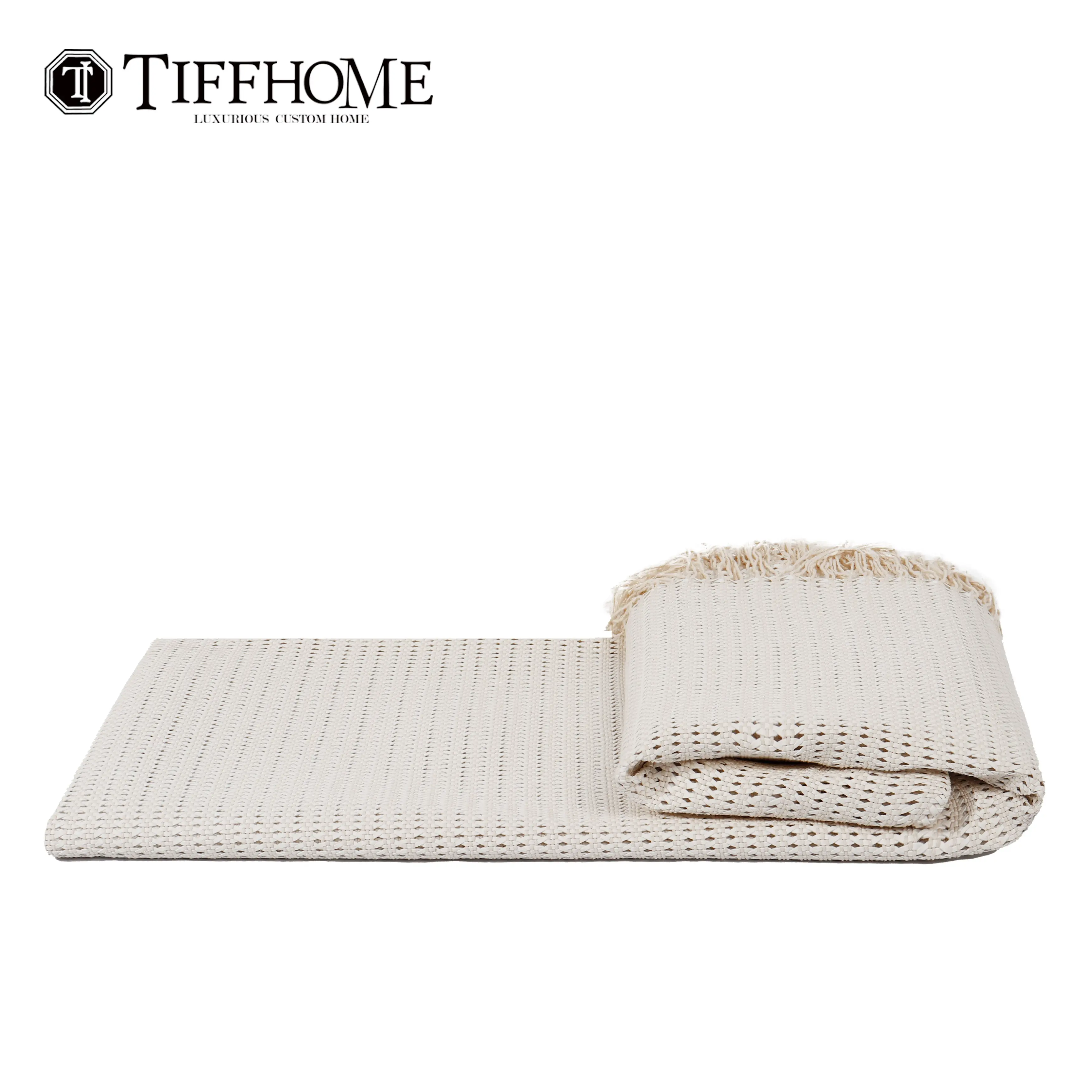 Tiff Home Custom Private Label 240*70cm Organic White Crocheted Faux Leather Throw Blanket For All Seasons