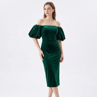 Robe mi-longue moulante vintage en velours vert émeraude à épaules dénudées et manches bouffantes pour femme, élégante pour les soirées et les fêtes