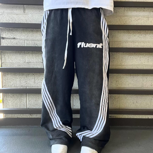 Pantalon de survêtement streetwear personnalisé pour homme, en coton épais, délavé à l'acide, coupe oversize, jambe large, style baggy, rayé - Product Image 5