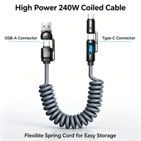 240W 4-in-1 Aufrollbares USB-Kabel mit Digitalanzeige PD Schnellladung USB-A Typ C Spiralkabel