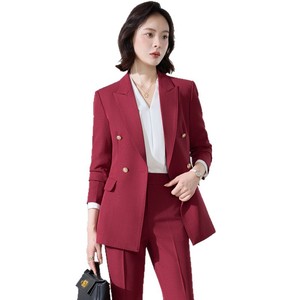 Women's Suit <b>Set</b> Apricot Color Double Breasted <b>Blazer</b> With Wide Leg Pants Casual Style Anti-Wrinkle Worsted Fabric - Product Image 5
