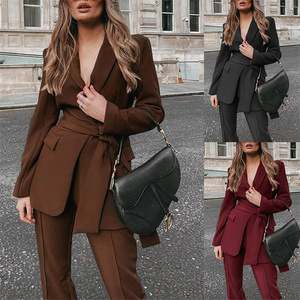 2025 AW Damen Zweiteiliger Anzug Mode Verdickter Premium <span class=keywords><strong>Blazer</strong></span> mit Tie-Waist Formal Hosen Set - Product Image 1