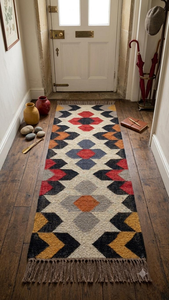 Handwoven Boho Geometric <b>Runner</b> <b>Rug</b> | Wool Jute Tribal Kilim <b>Hallway</b> Carpet for Southwestern Farmhouse Home Decor Bedroom - Product Image 3