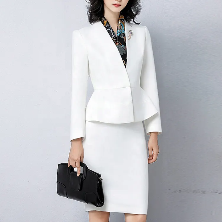 Takım üreticisi özel ofis bayan elbise Blazer takım elbise bankası öğretmen kariyer iş kıyafetleri beyaz kadın takım elbise ve smokin