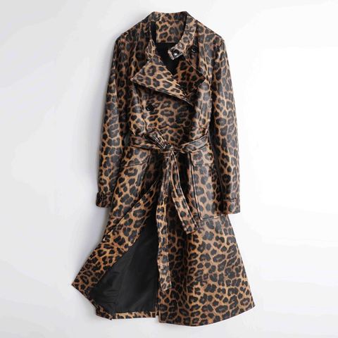 4267 Fashionable Oversized Leopard Print Real  Long Length Double Breasted Leather Trench Coat for Women