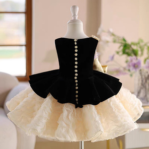 Abito da Damigella di Lusso Personalizzato con Fiocco Dorato in Velluto <span class=keywords><strong>Nero</strong></span> e <span class=keywords><strong>Tulle</strong></span>, <span class=keywords><strong>Vestito</strong></span> da Cerimonia per Matrimoni e Occasioni Speciali - Product Image 4