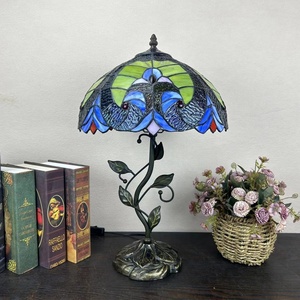 LongHuiJing European Simple LED Table Lamp Blue Stained Glass Lampshade E27 Living Room Adjustable Desk <b>Light</b> H20xW12In - Product Image 5