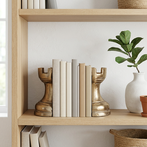 AK Brass Chess Rook Metal <b>Bookends</b> Set of 2 Polish Finish Decorative Book Holders for Table Decor Ornaments Home Library Decor - Product Image 1
