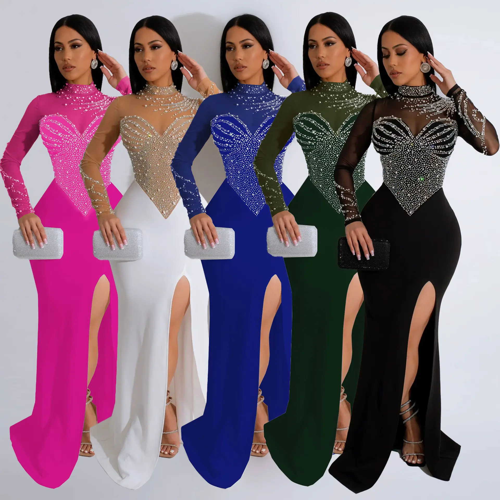 Sharee Venta caliente elegante vestido de San Valentín sirena con cuentas perla diamante malla ver a través de manga larga hendidura vestidos largos de noche